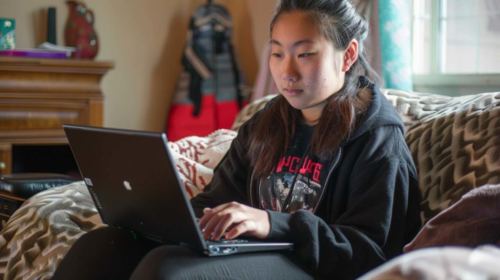 Etudiant en train d'utiliser un PC portable sur un fauteuil.