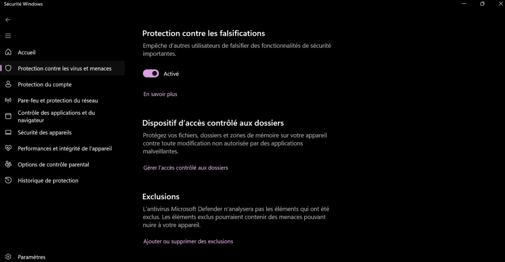 Gestion des exclusions de l'antivirus Windows. 