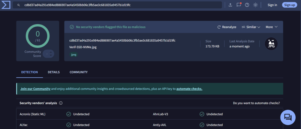 Exemple scan d'un fichier Virus Total