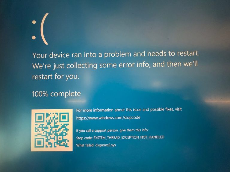 Écran bleu Windows affichant le code SYSTEM_THREAD_EXCEPTION_NOT_HANDLED et le fichier dxgmms2.sys
