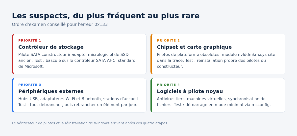 Schéma classant les suspects de l'erreur DPC_WATCHDOG_VIOLATION par ordre de priorité