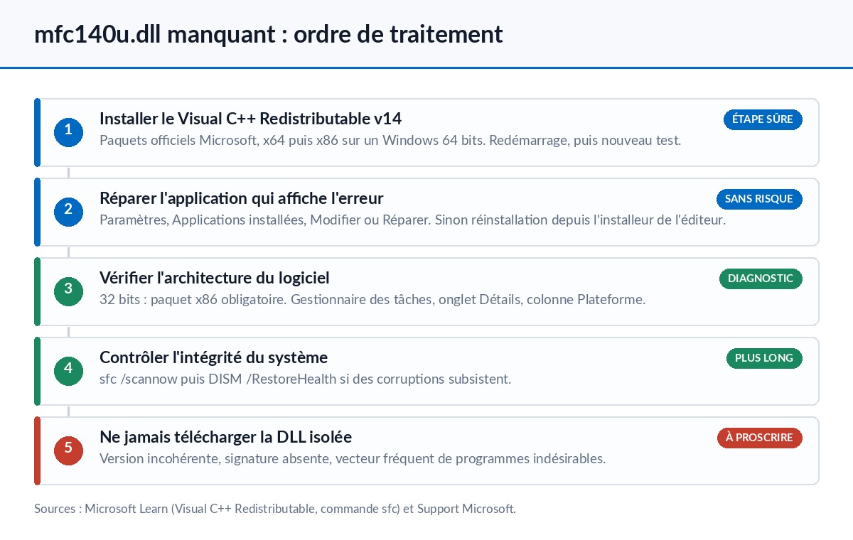 Schéma des cinq étapes de résolution de l&rsquo;erreur mfc140u.dll manquante sous Windows