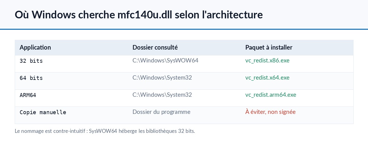 Tableau des dossiers système consultés par Windows et du paquet Visual C++ Redistributable à installer