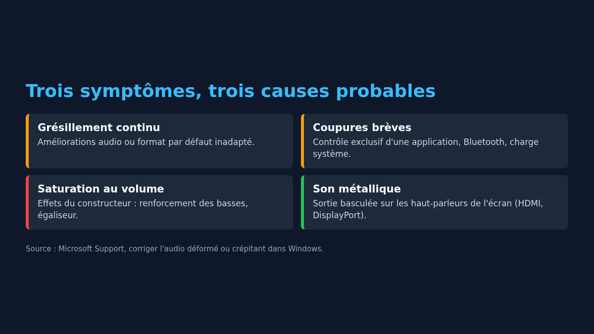 Schéma reliant grésillement, coupures, saturation et son métallique à leurs causes probables sous Windows 11