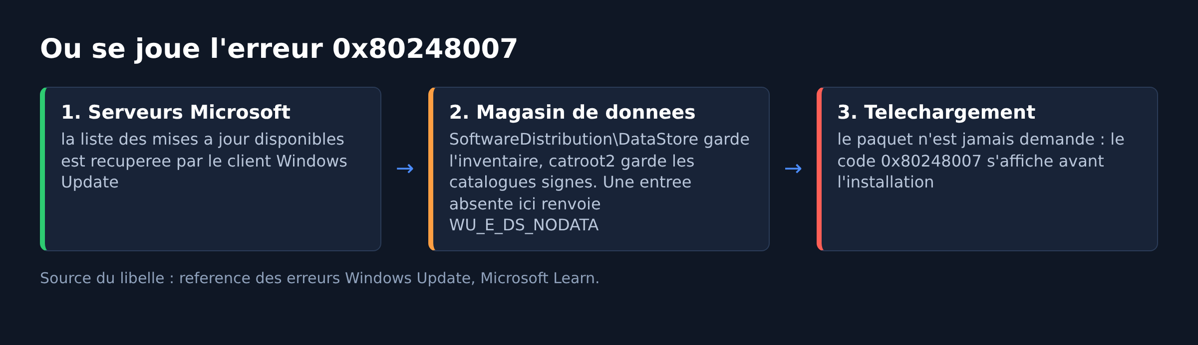Schema montrant que l'erreur 0x80248007 se produit dans le magasin de donnees de Windows Update avant le telechargement