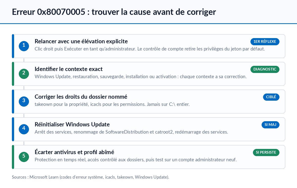 Schéma des cinq étapes de résolution de l’erreur 0x80070005 accès refusé sous Windows