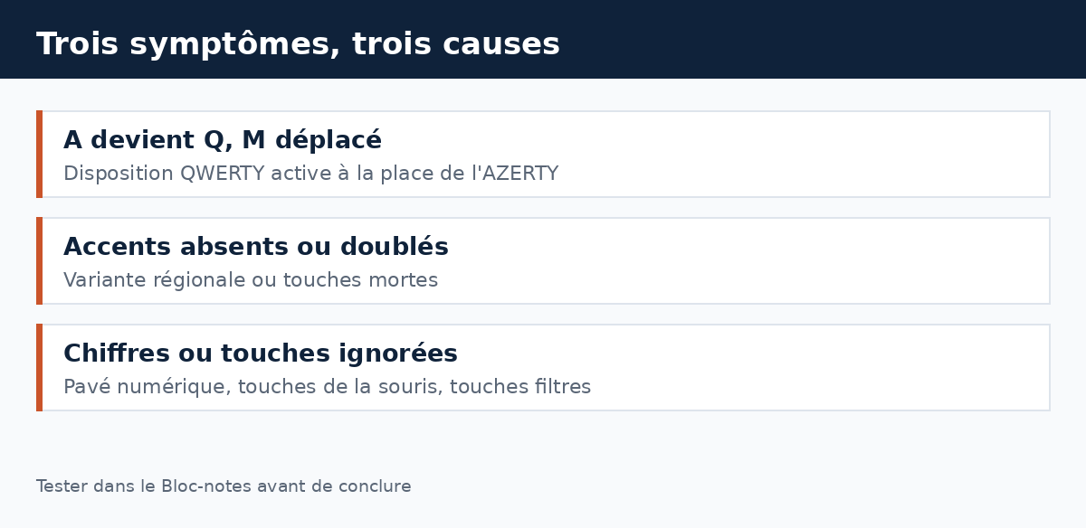 Schéma associant trois symptômes de saisie à leurs causes probables sous Windows