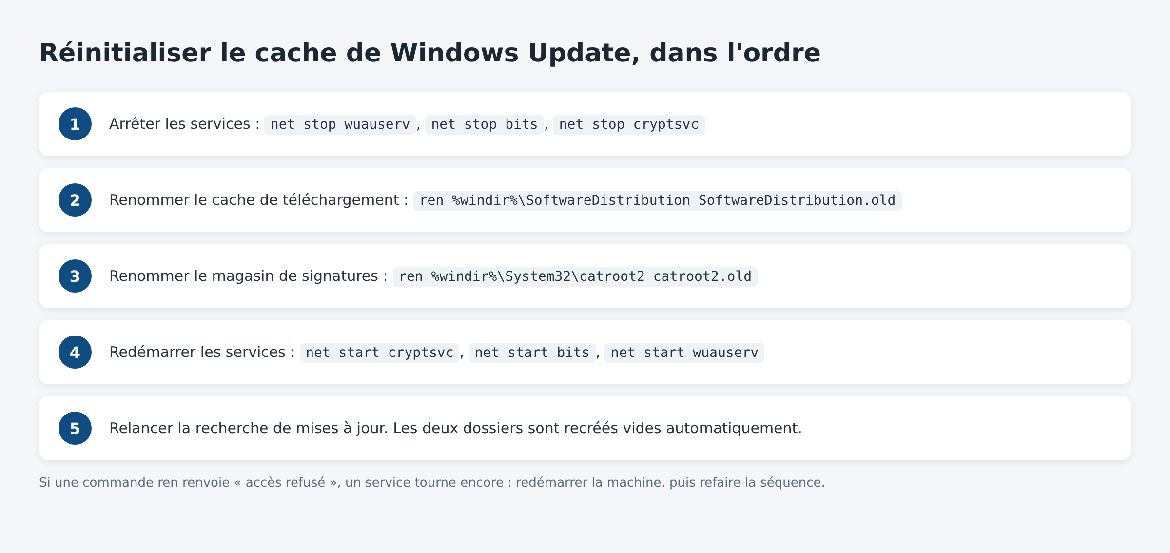 Schéma des cinq étapes de réinitialisation du cache de Windows Update