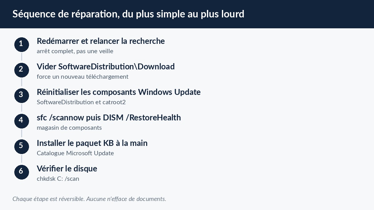 Schéma de la séquence de réparation de l'erreur 0x80070026 en six étapes