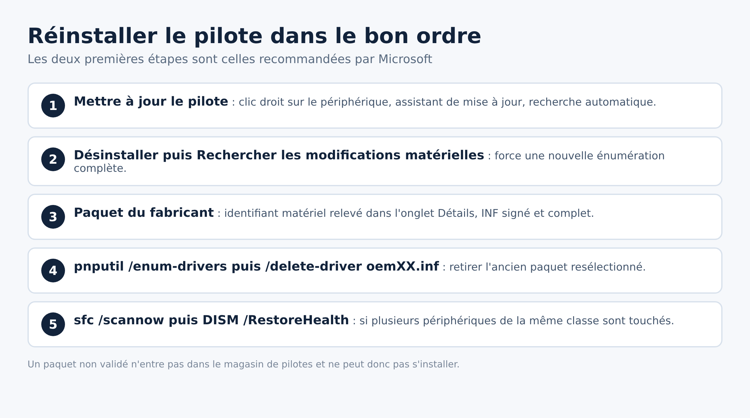 Étapes ordonnées de réinstallation d'un pilote en code 18, de l'assistant de mise à jour à la réparation système