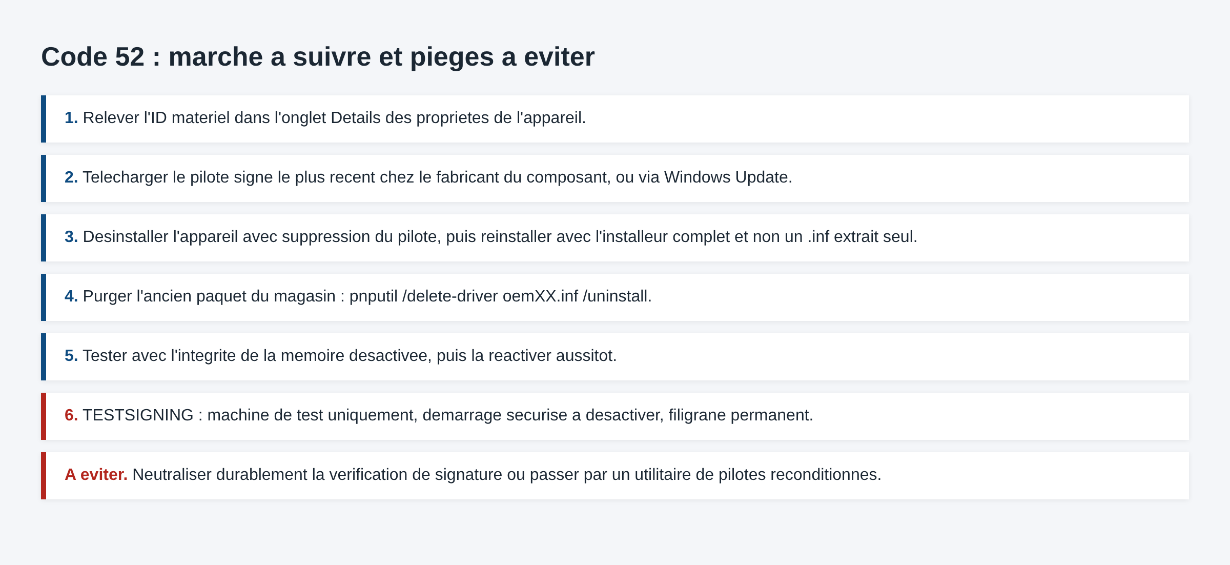 Étapes recommandées pour corriger le code 52 et pratiques à éviter sur la vérification de signature