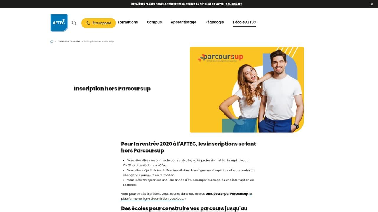 Page AFTEC sur l'inscription hors Parcoursup