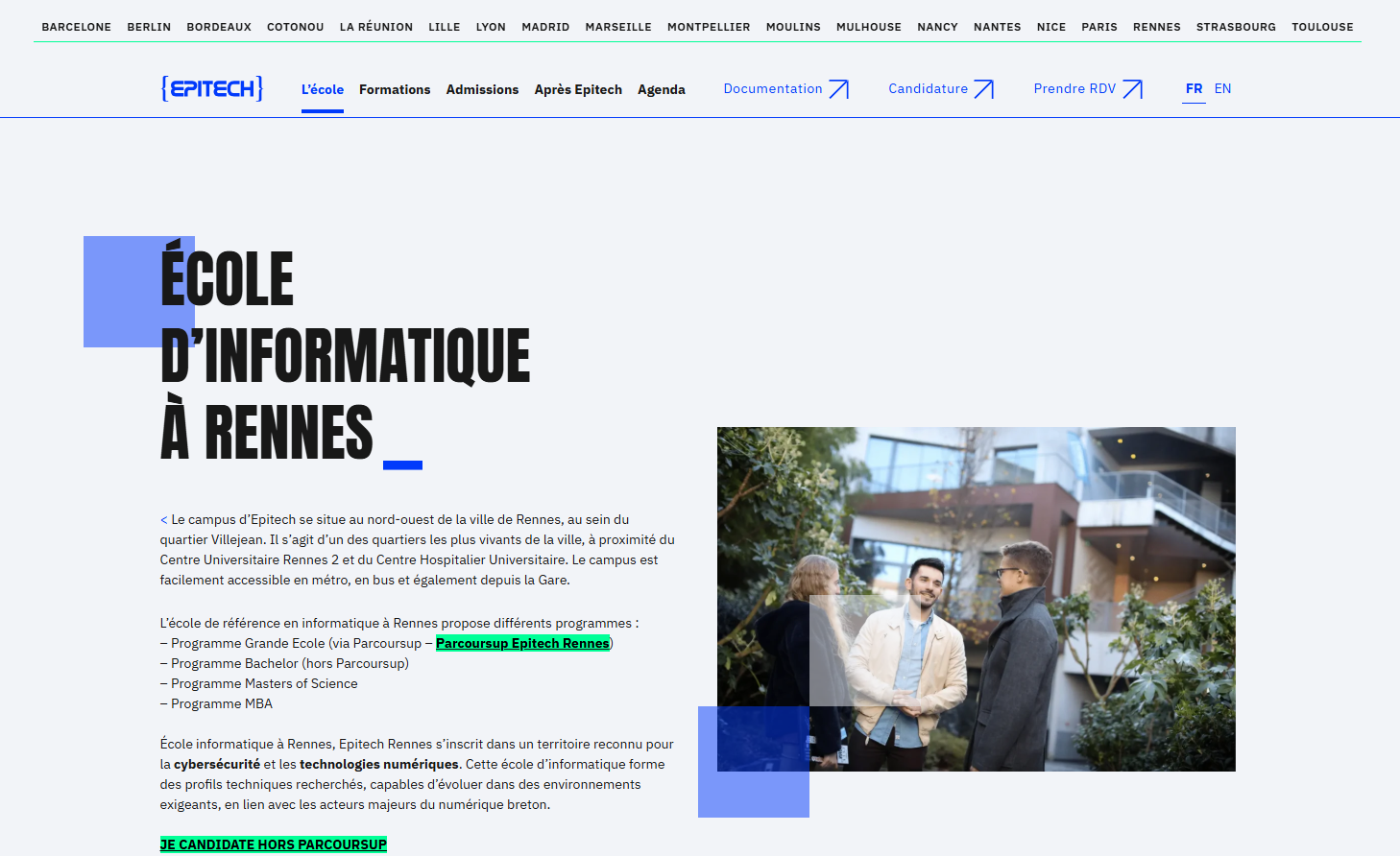 Page du campus Epitech Rennes, école d'informatique