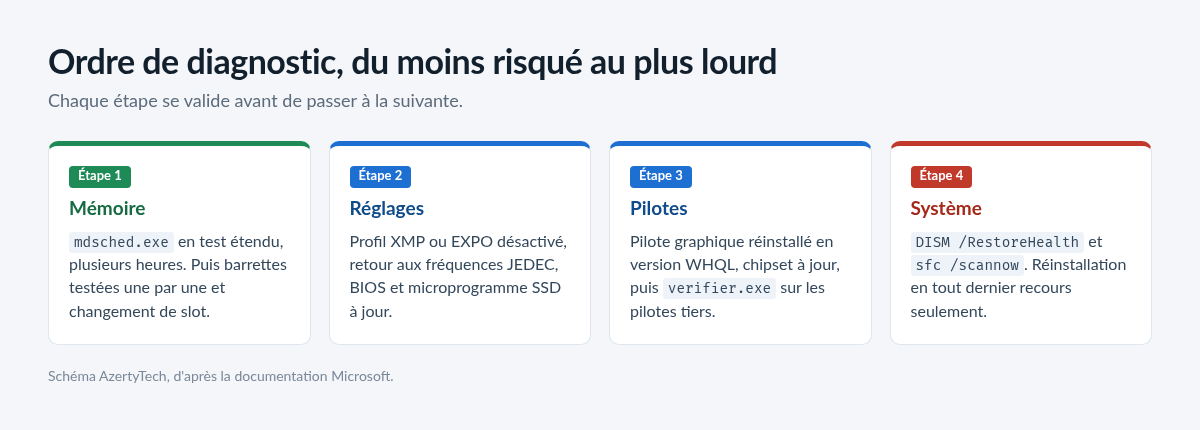 Schéma en quatre étapes de l'ordre de diagnostic d'un écran bleu FAULTY_HARDWARE_CORRUPTED_PAGE