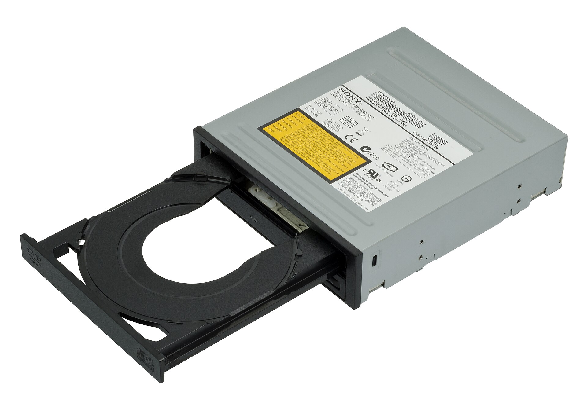 Lecteur DVD interne de PC ouvert, mecanisme et tete de lecture optique visibles
