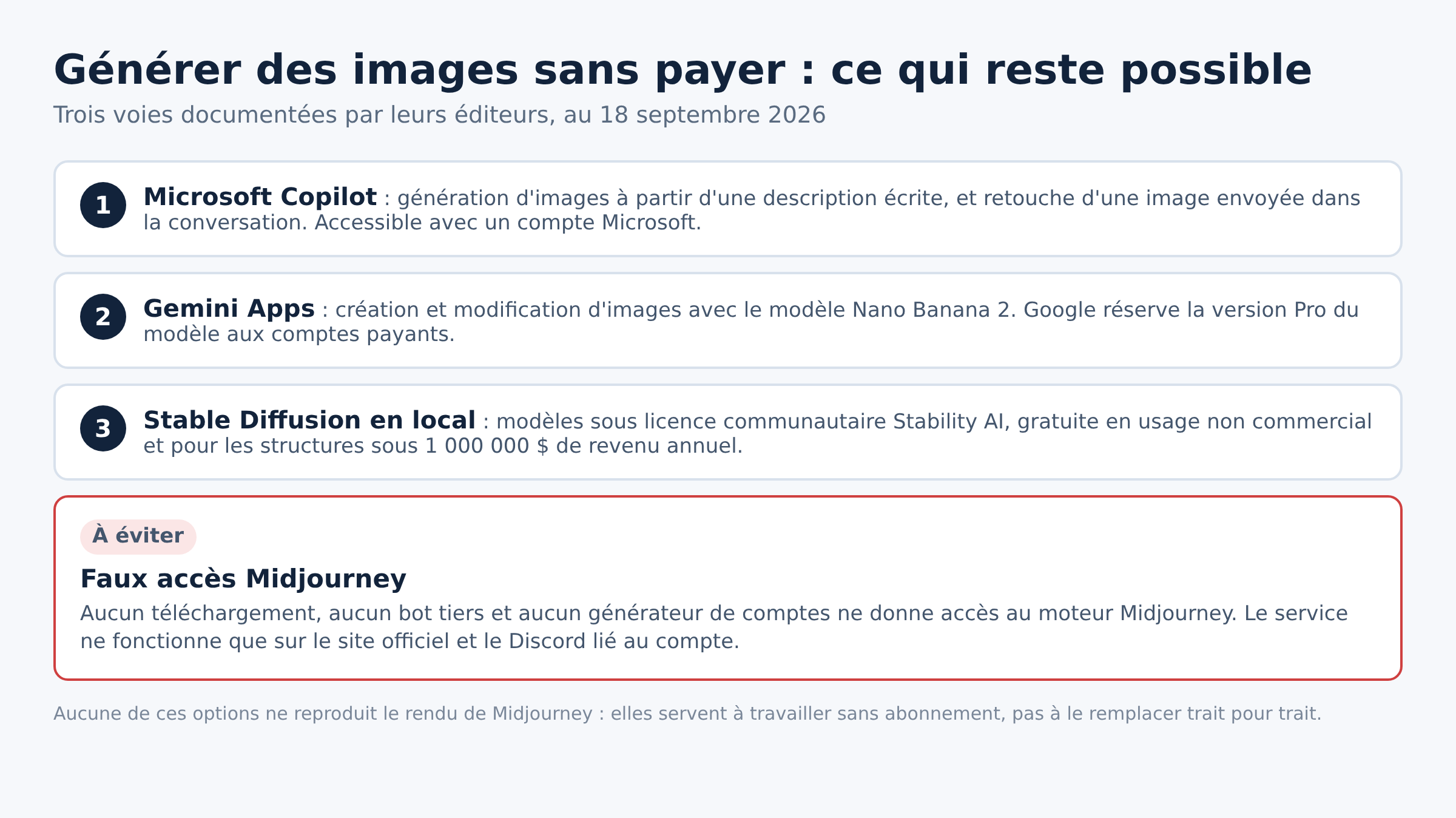 Schéma des trois façons de générer des images par IA sans abonnement payant