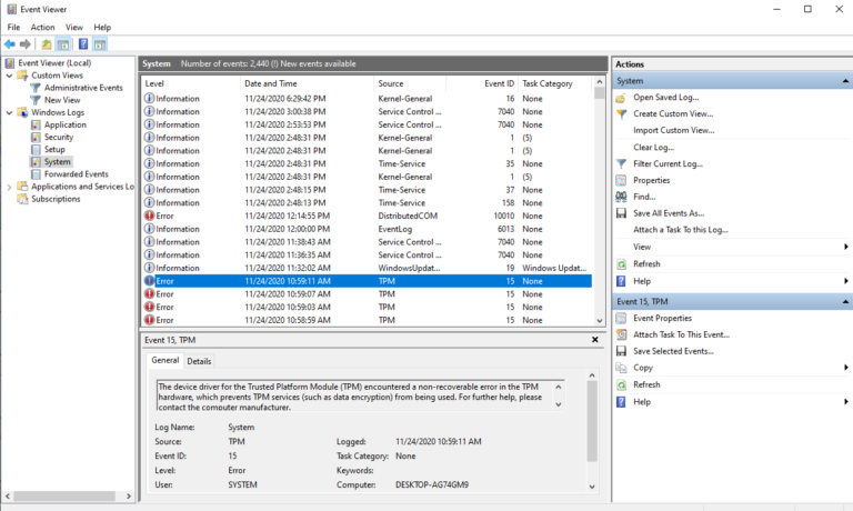 Console de l Observateur d evenements de Windows avec l arborescence des journaux et la liste des evenements