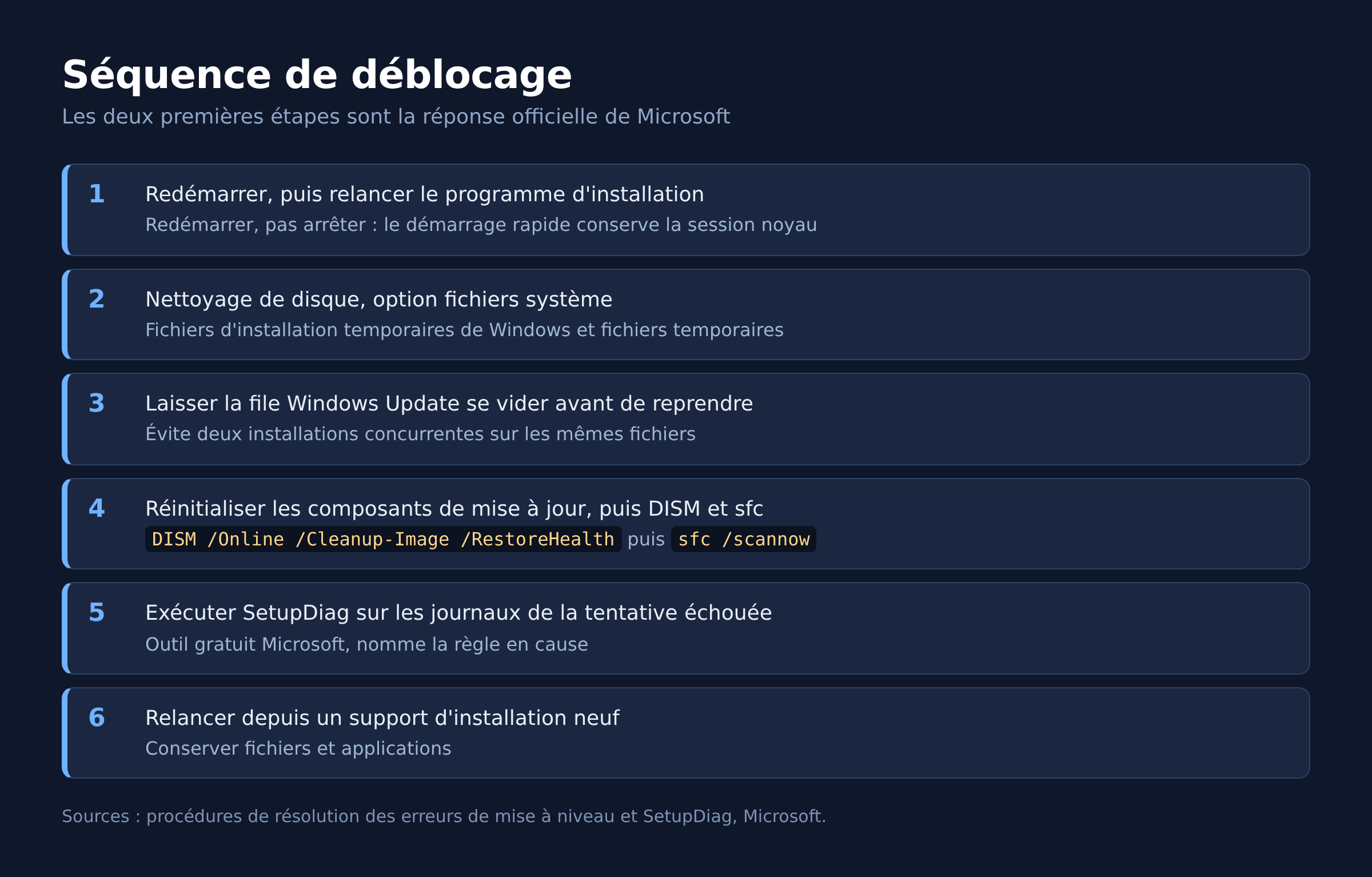 Séquence ordonnée de six étapes pour débloquer la mise à niveau après l'erreur 0xc1900107