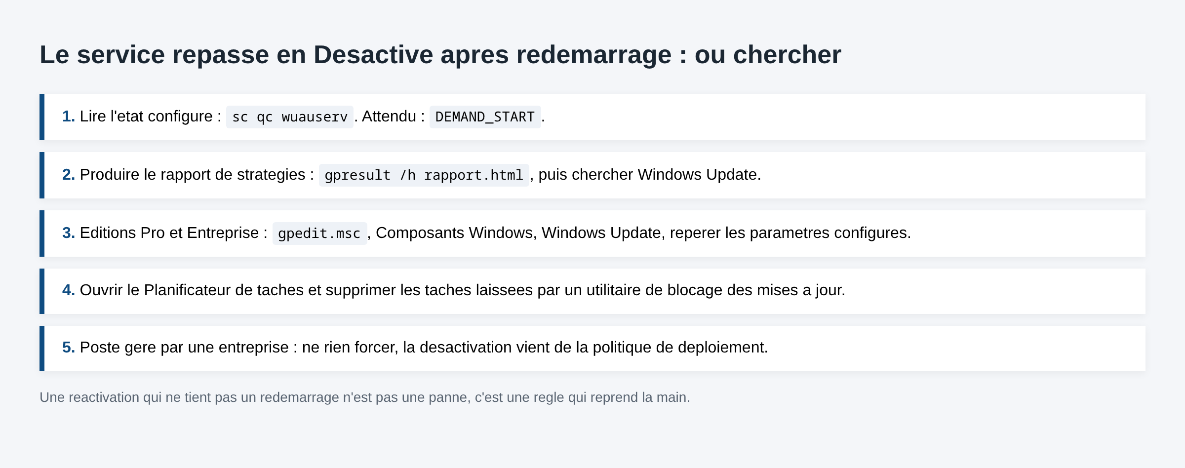 Schema en cinq etapes pour trouver la strategie ou la tache qui remet le service Windows Update en desactive