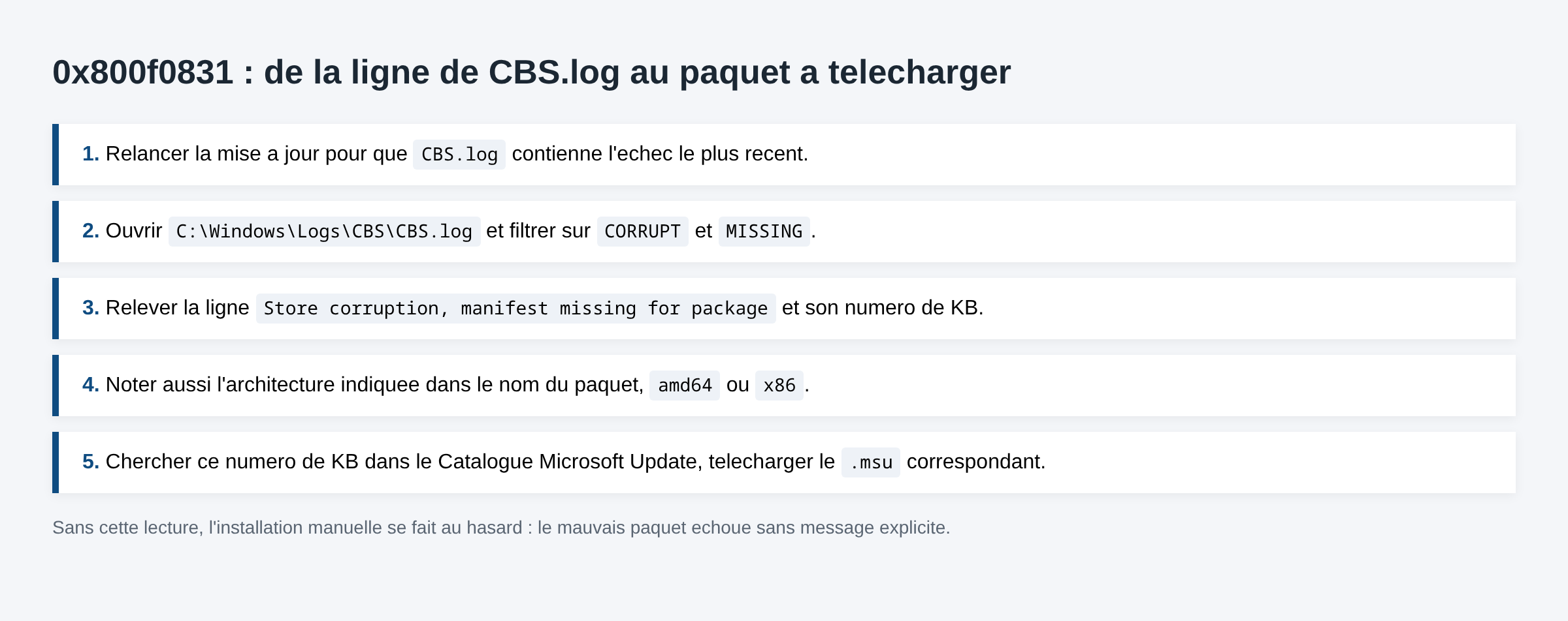 Schema en cinq etapes pour retrouver dans CBS.log le paquet manquant a l origine de l erreur 0x800f0831