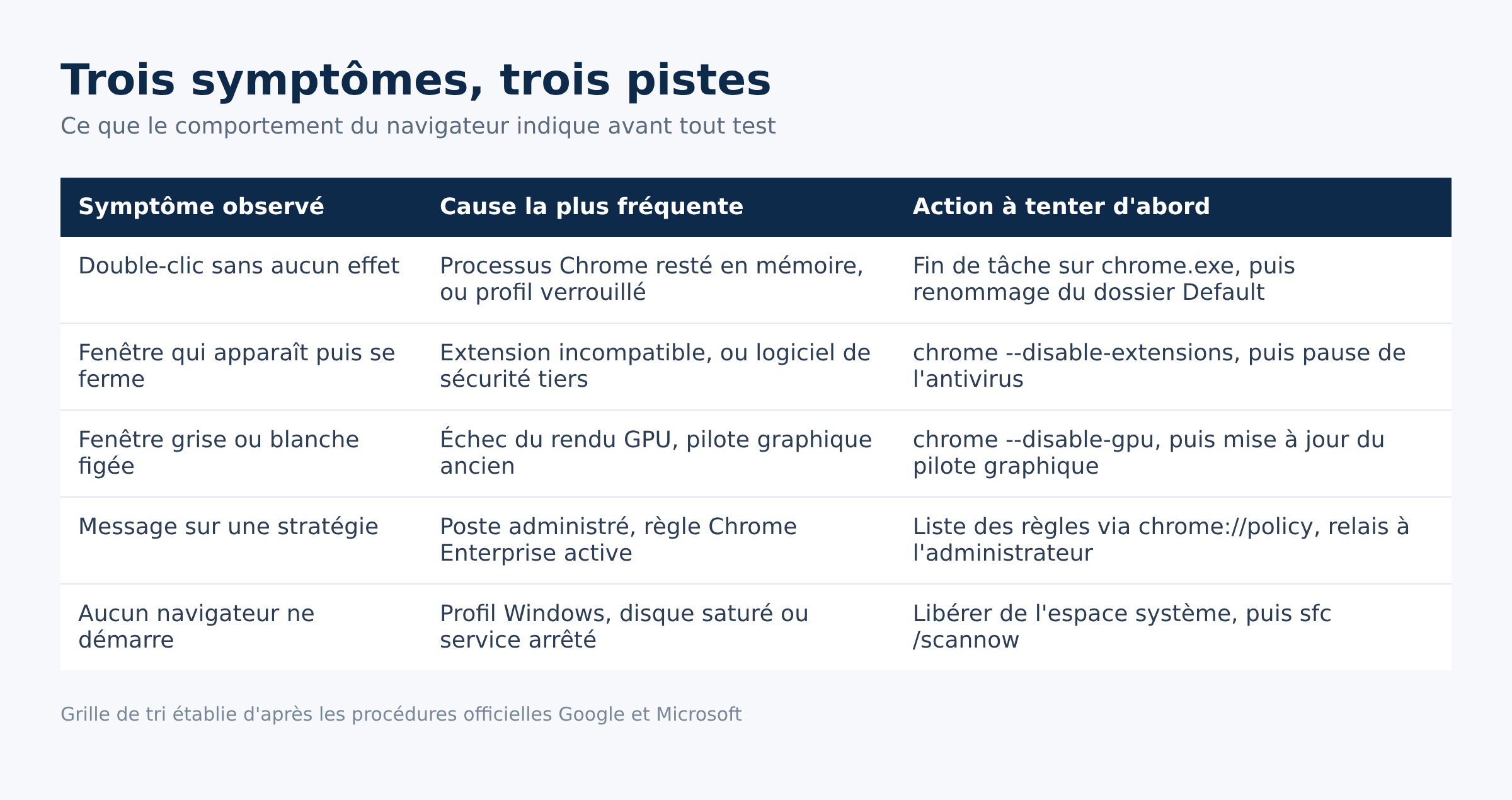 Tableau des symptômes de Chrome qui ne démarre pas et de leurs causes probables