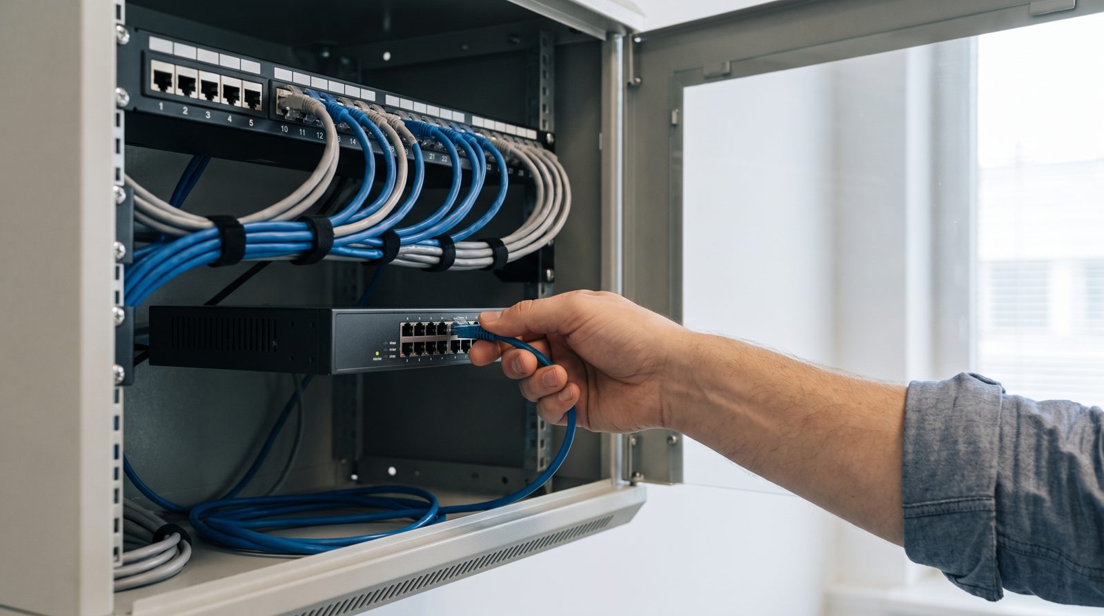 Baie réseau murale avec panneau de brassage et switch PoE alimentant les téléphones IP