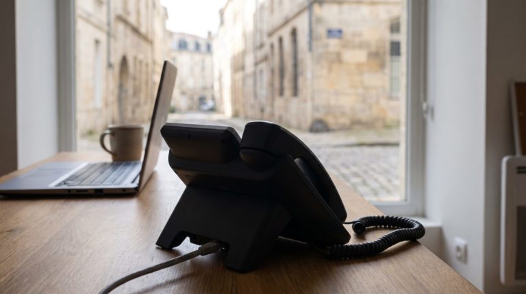 Poste téléphonique IP relié en Ethernet sur un bureau d'entreprise