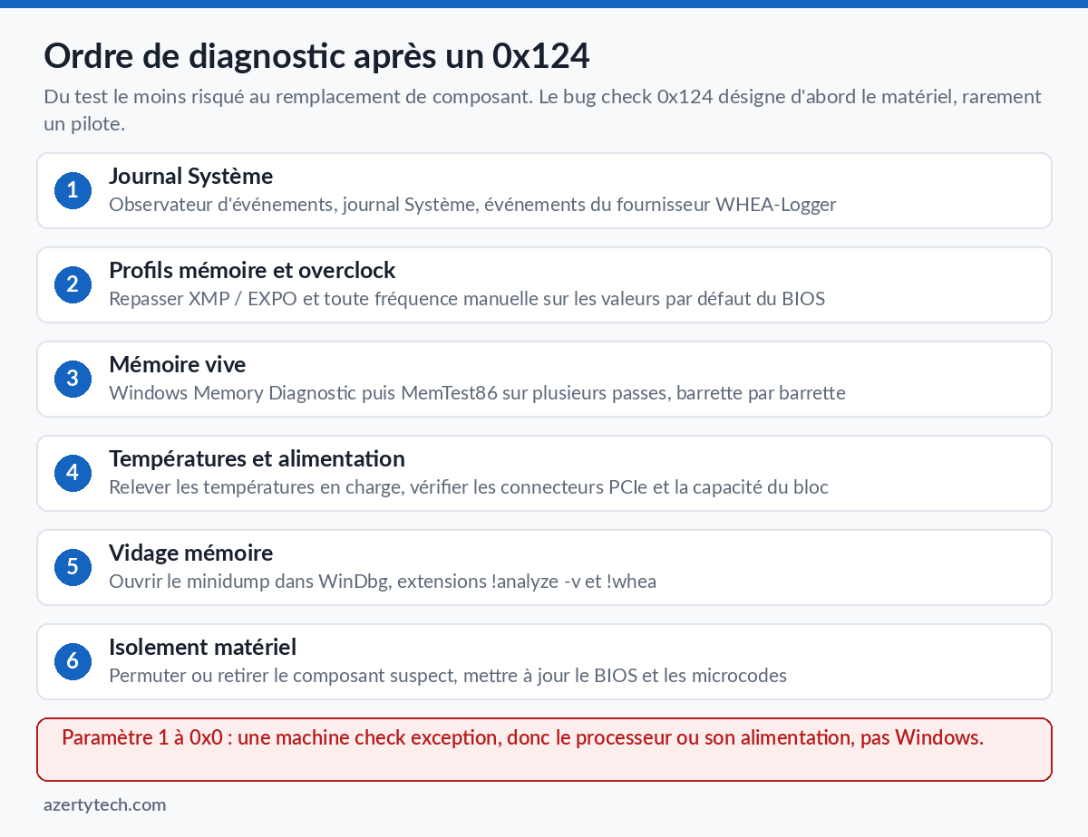 Ordre de diagnostic materiel apres un ecran bleu WHEA_UNCORRECTABLE_ERROR en six etapes