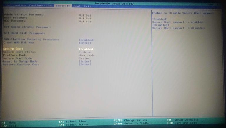 Écran de réglages Secure Boot dans un micrologiciel UEFI d'ordinateur portable